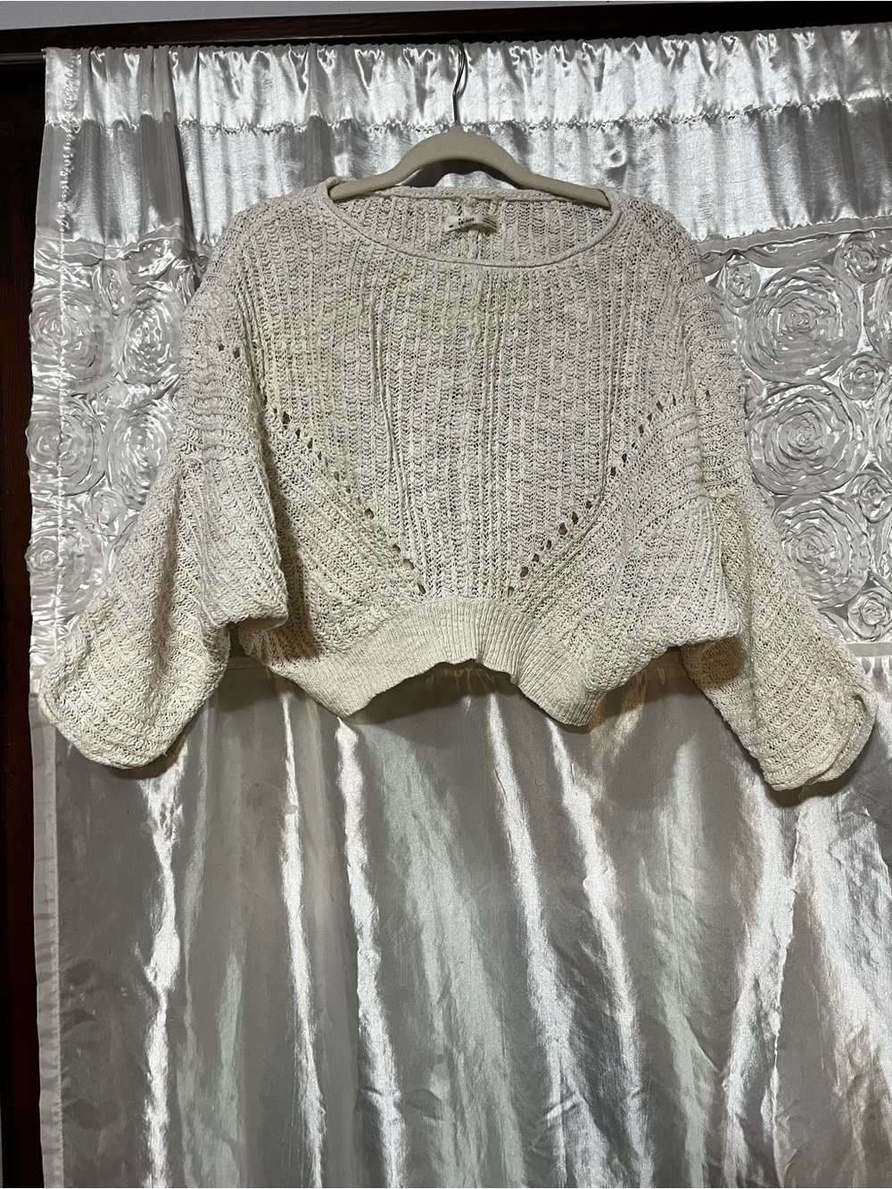 Anthropologie Cream Textured Cropped Crewneck Sweater